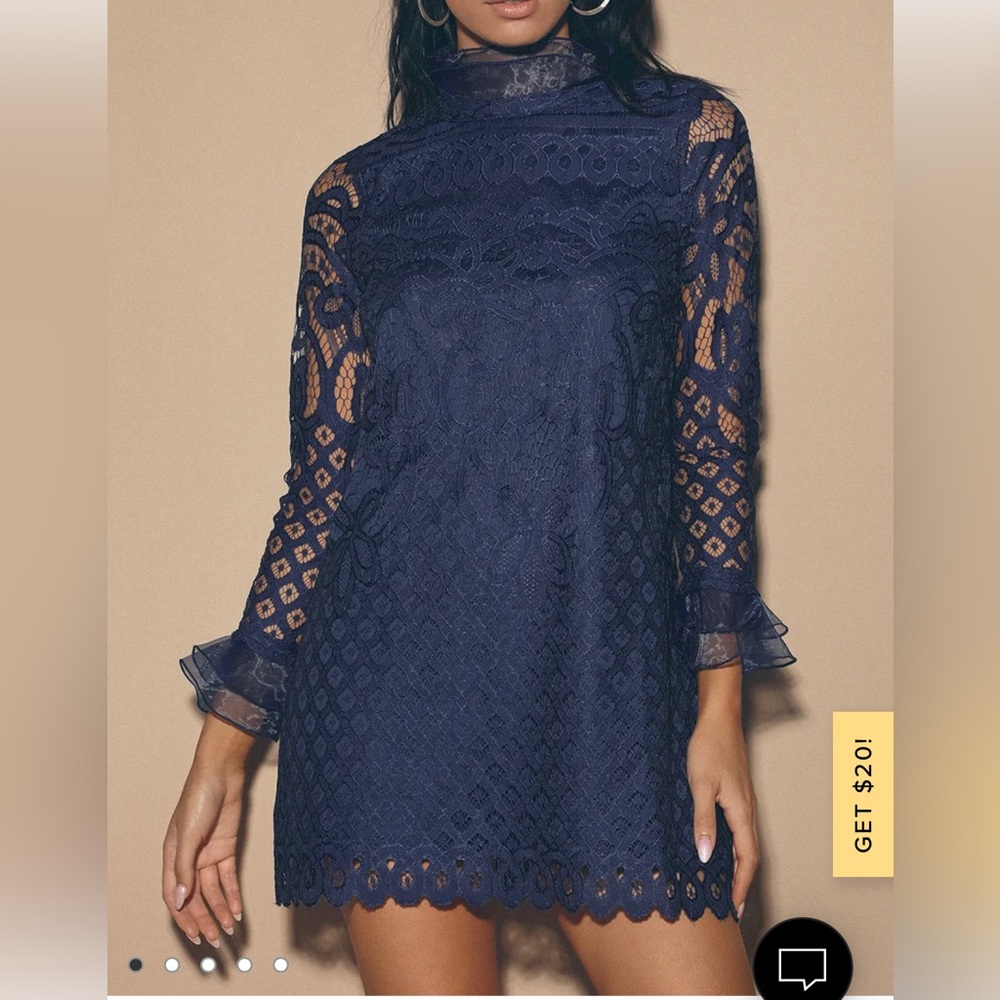 LuLu’s Navy Blue Lace Long sleeve shift dress